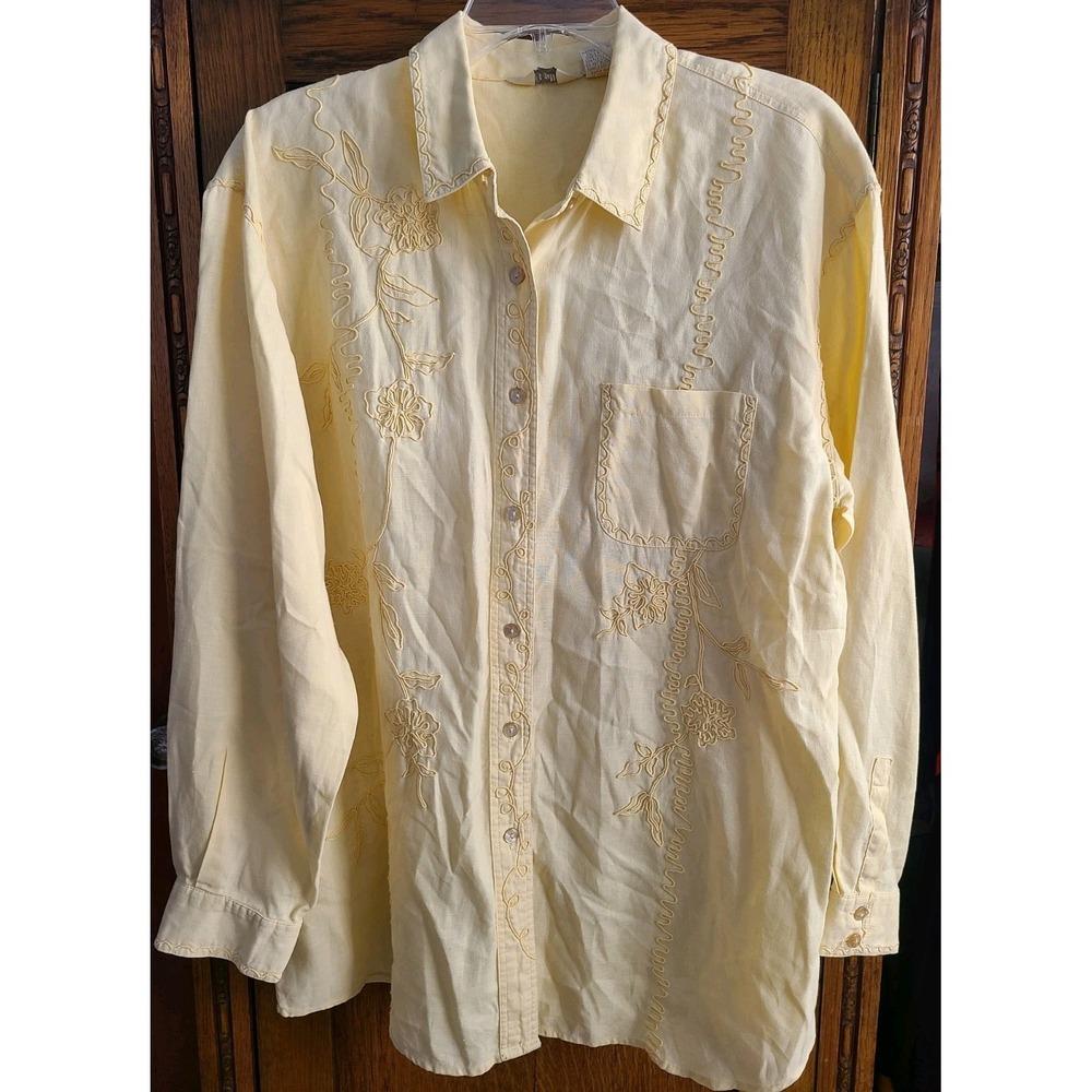 J. Jill Womens Yellow 100% Linen Floral Embroidered Shirt Button Long Sleeve Med